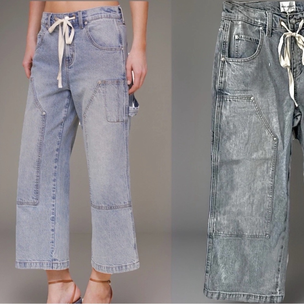 Avec Les Filles NWT Drawstring Cropped Wide Leg Badlands Wash Cargo Jeans, 27 - Picture 9 of 15